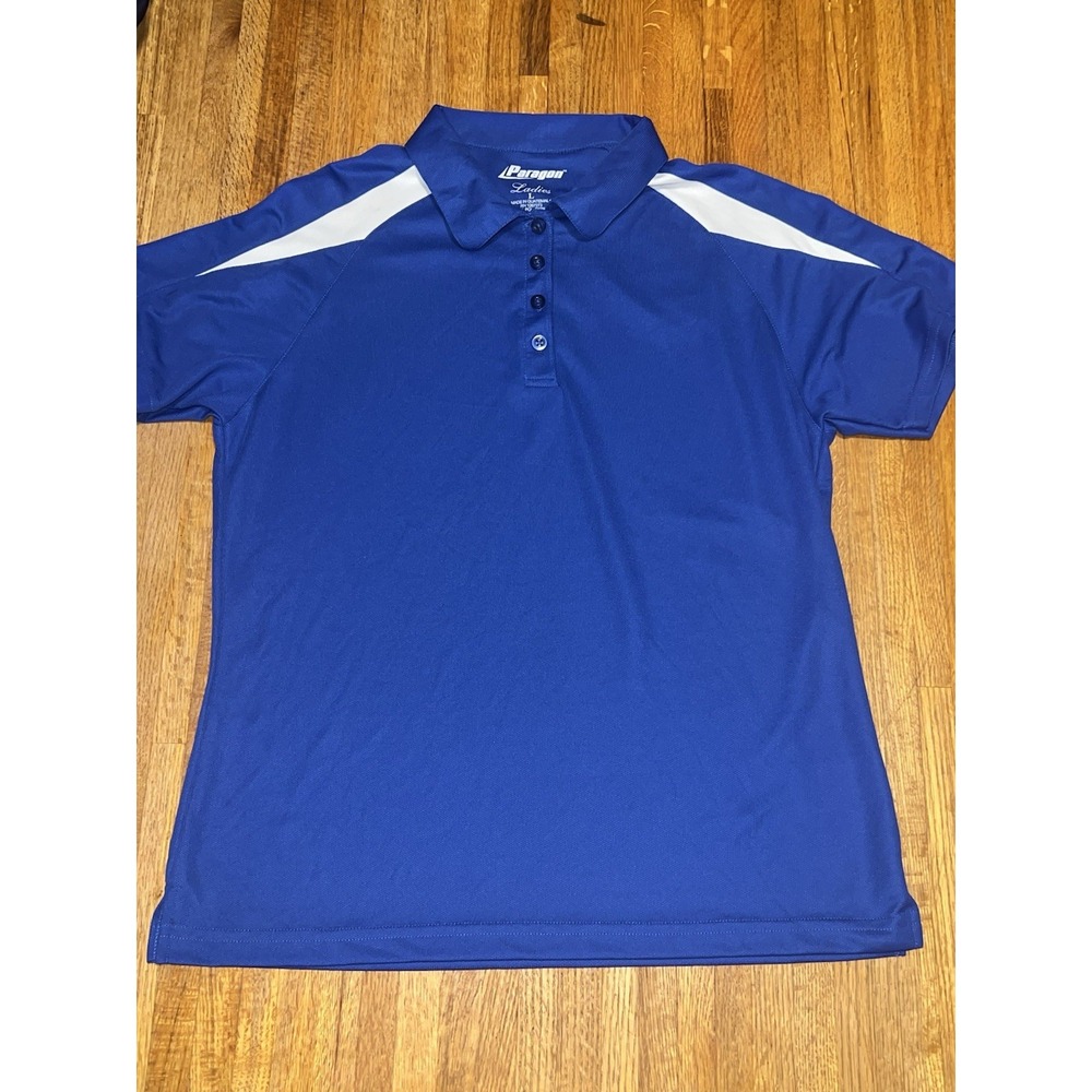 Paragon Women Large Blue White Stripe 4 Button Collared Short Sleeve Golf Polo‎